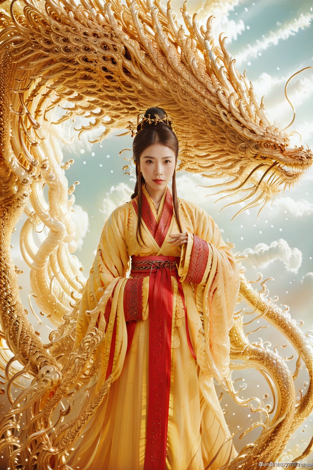 (masterpiece,best quality:1.5), ultra realistic,1girl, long hair, straight hair, portrait, mysterious forest, firefly, bokeh, mysterious, night, sky, cloud, gold hanfu, with one gold Chinese Dragon