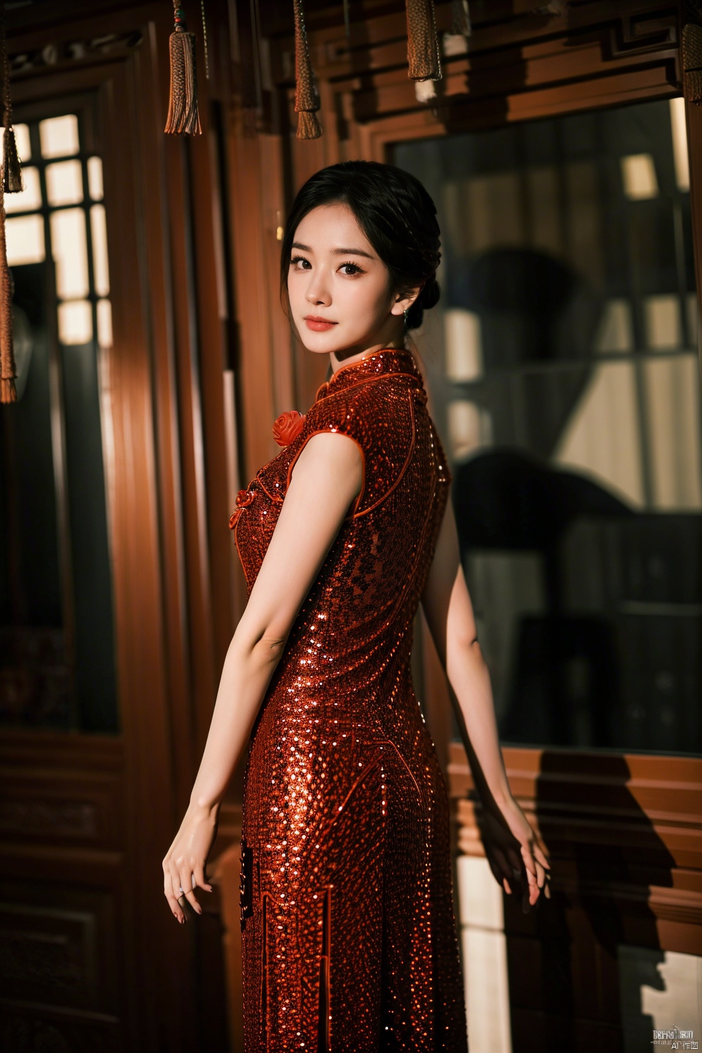 (global illumination, reality,ray tracing, HDR, unreal rendering, reasonable design, high detail, masterpiece,best quality, ultra high definition, movie lighting),
1girl,outdoor,looking_at_viewer,side_blunt_bangs,china_dress,chinese_style,big breasts,pose,solo,1girl,black hair,black eyes, , cheongsam