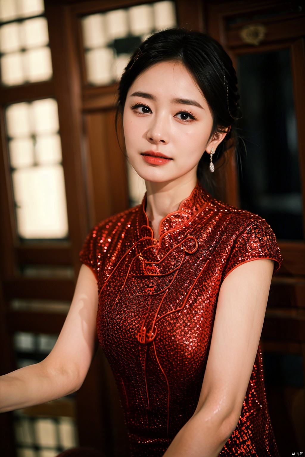 (masterpiece,best quality:1.5), ultra realistic,1girl, long hair, straight hair, portrait, mysterious forest, firefly, bokeh, mysterious, night, sky, cloud, cheongsam