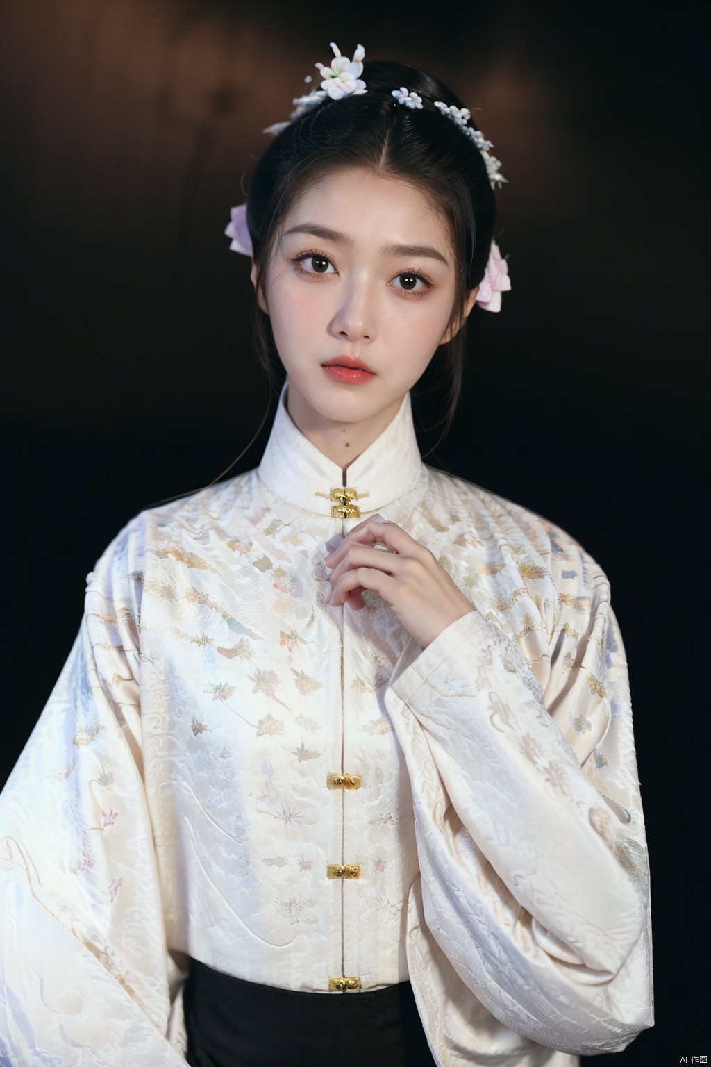 (masterpiece,best quality:1.5), ultra realistic,1girl, long hair, straight hair, portrait, mysterious forest, firefly, bokeh, mysterious, night, sky, cloud,, hanfu