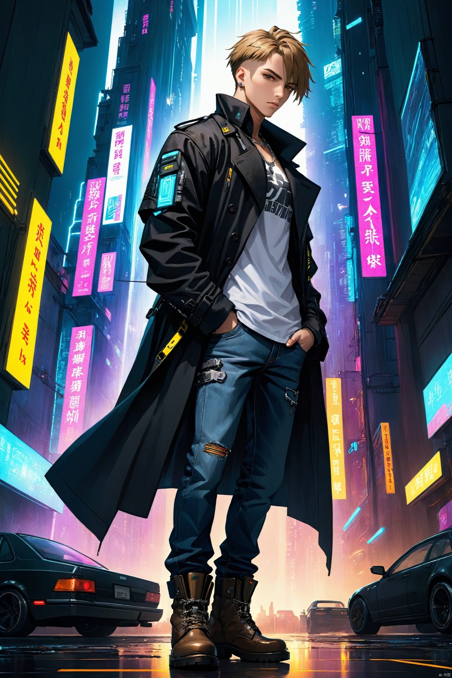 (best quality),  ((masterpiece)),  (highres),  illustration,  original,  extremely detailed, male focus,  1boy\(cyberpunk,  18 years old\),  muscular male,  whirte t-shirt\( text "ZOTAC" on it\), black trench coat,  jeans,  boots, warming, short silver and light brown hair, necklacer, BREAK,  look at viewer,  from side,  building,  cityscape, ,  cyberpunk,  dramatic,  key visual,  vibrant,  highly detailed
