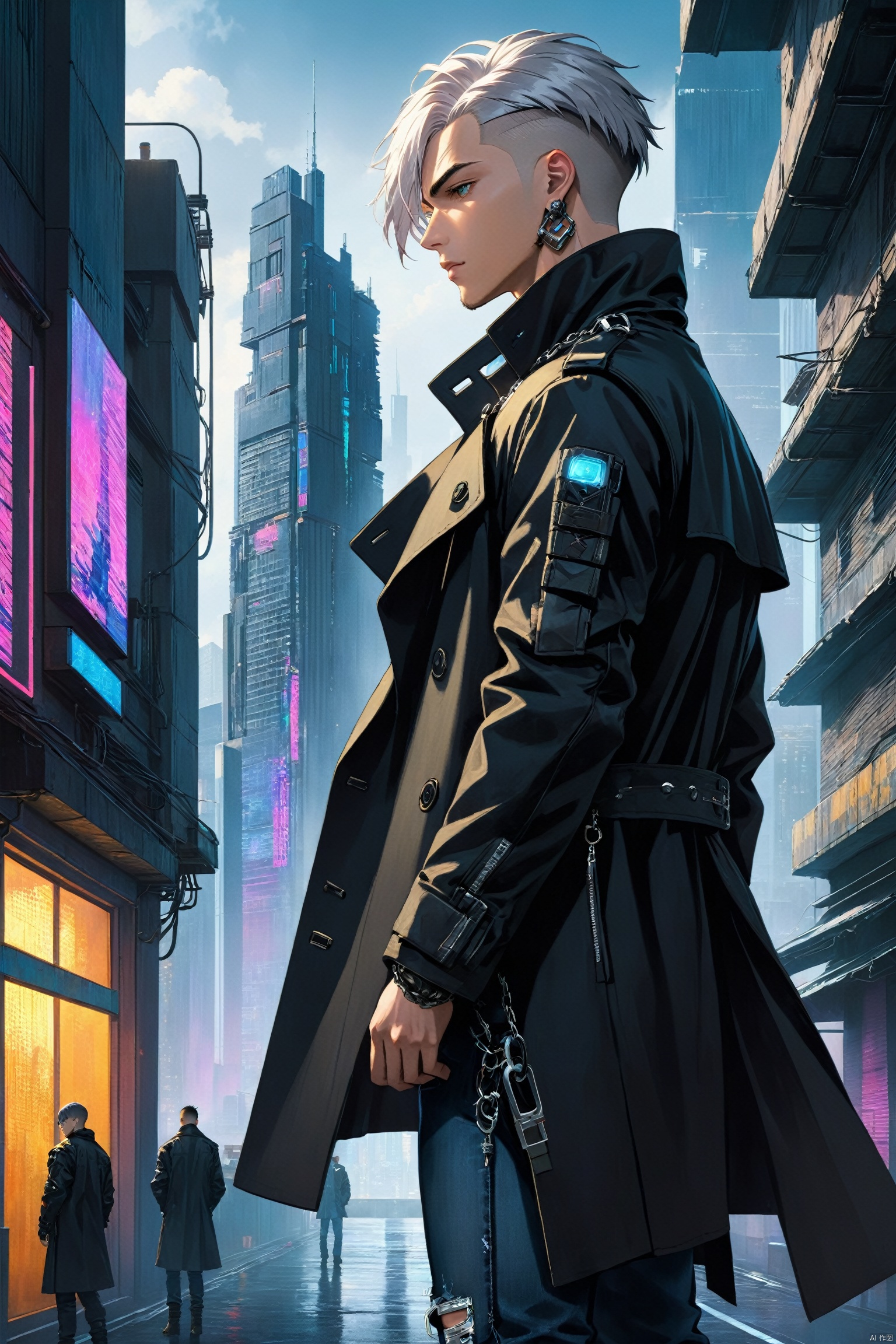 (best quality),  ((masterpiece)),  (highres),  illustration,  original,  extremely detailed, male focus,  1boy\(cyberpunk,  18 years old\),  muscular male,  whirte t-shirt, black trench coat,  jeans,  boots, warming, short silver hair, necklacer, building,  cityscape,  clothing cutout,  (cropped jacket),  cyberpunk,  from side,  dramatic,  key visual,  vibrant,  highly detailed
