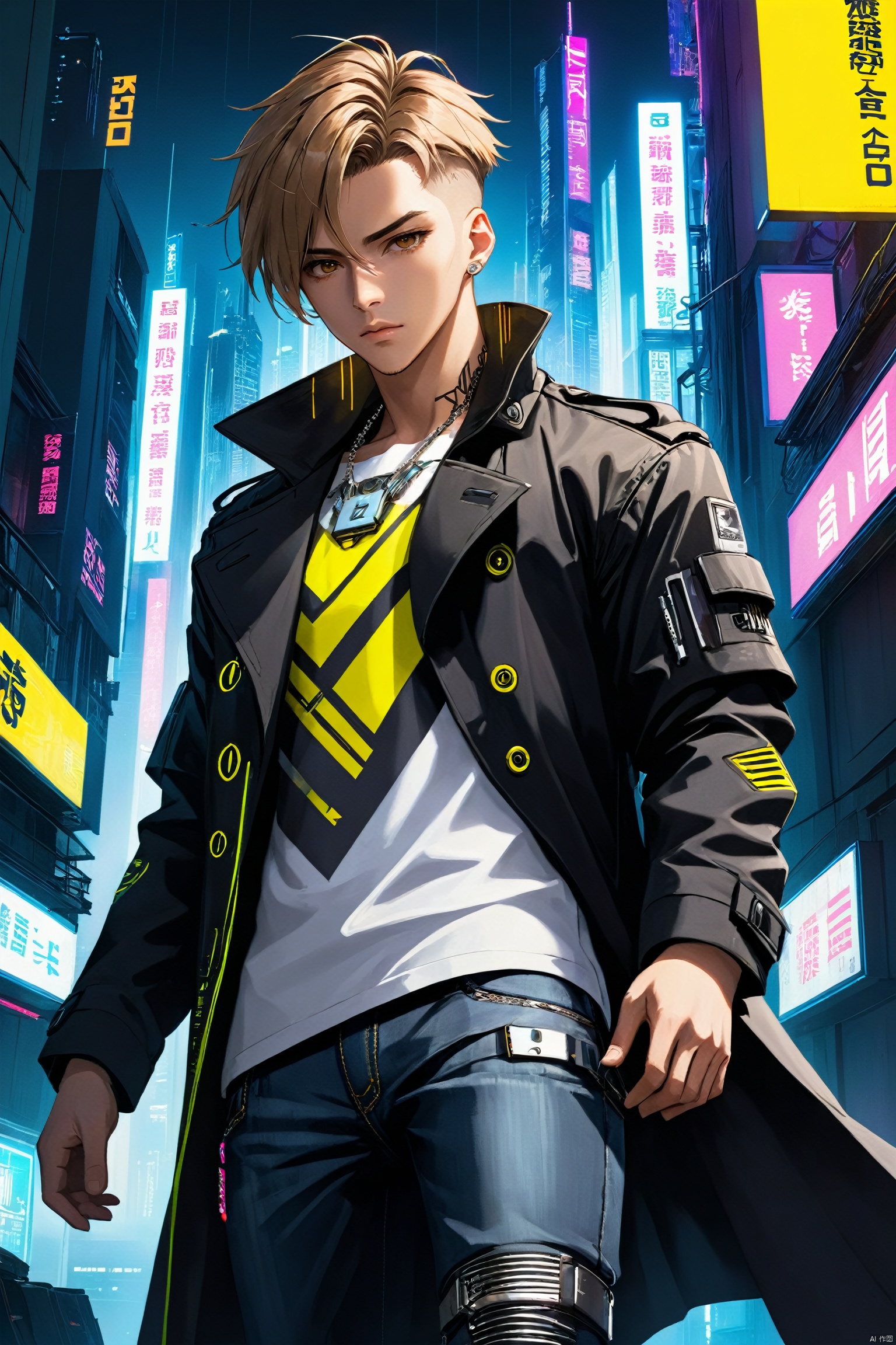 (best quality),  ((masterpiece)),  (highres),  illustration,  original,  extremely detailed, male focus,  1boy\(cyberpunk,  18 years old\),  muscular male,  whirte t-shirt with text "ZOTAC", black trench coat,  jeans,  boots, warming, short silver and light brown hair, necklacer, BREAK,  look at viewer,  building,  cityscape, ,  cyberpunk,  dramatic,  key visual,  vibrant,  highly detailed