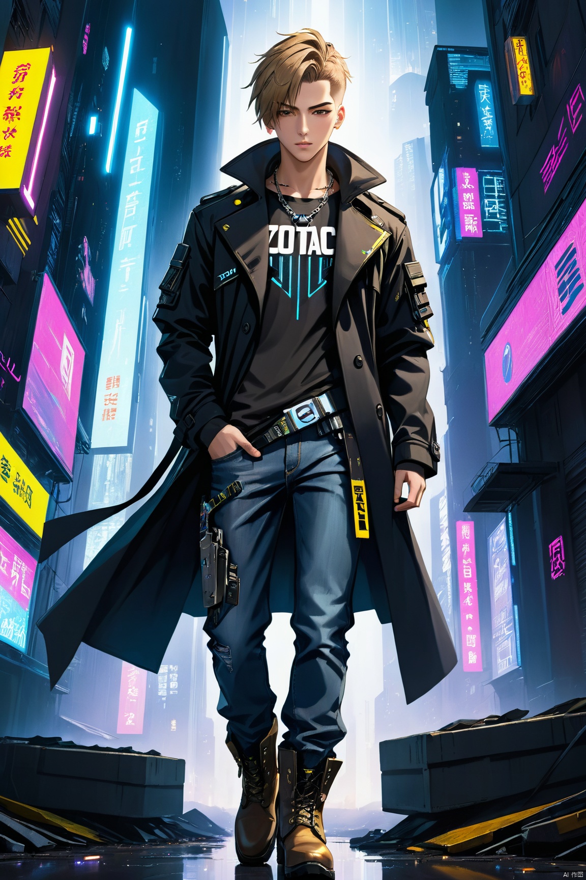 (best quality),  ((masterpiece)),  (highres),  illustration,  original,  extremely detailed, male focus,  1boy\(cyberpunk,  18 years old\),  muscular male,  whirte t-shirt with text "ZOTAC", black trench coat,  jeans,  boots, warming, short silver and light brown hair, necklacer, BREAK,  look at viewer,  building,  cityscape, ,  cyberpunk,  dramatic,  key visual,  vibrant,  highly detailed