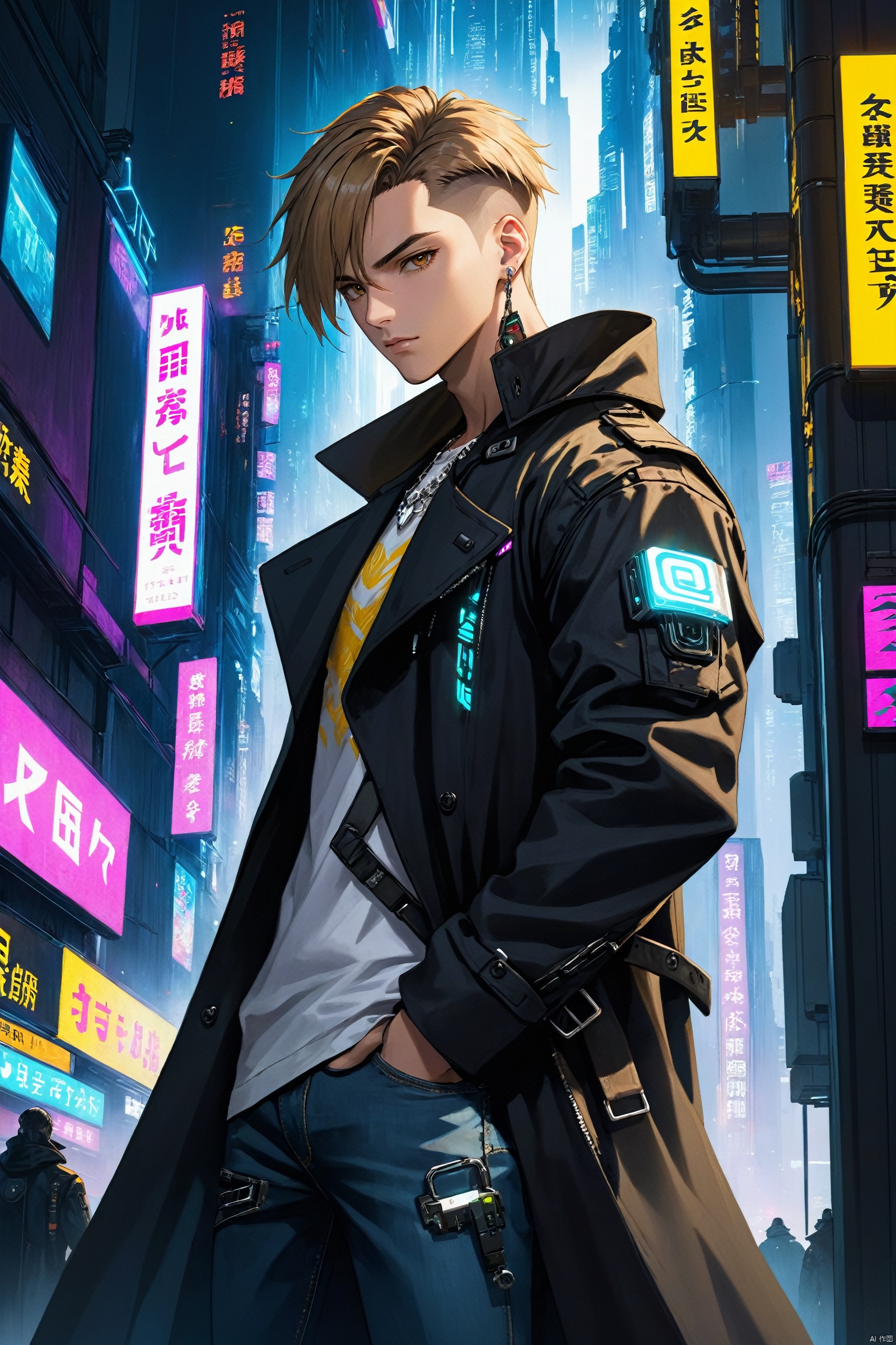 (best quality),  ((masterpiece)),  (highres),  illustration,  original,  extremely detailed, male focus,  1boy\(cyberpunk,  18 years old\),  muscular male,  whirte t-shirt with text "ZOTAC", black trench coat,  jeans,  boots, warming, short silver and light brown hair, necklacer, BREAK,  look at viewer,  from side,  building,  cityscape, ,  cyberpunk,  dramatic,  key visual,  vibrant,  highly detailed