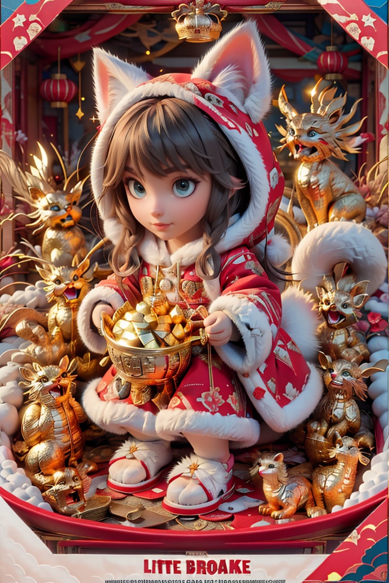 little girl dress in cat cloths ,  with furry cat ears and long hairs and fur and tails and paws Backlight ,  sunset on Te...
