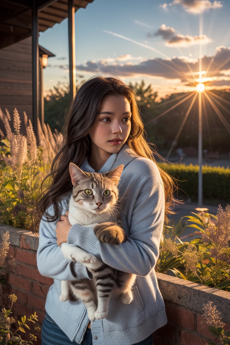Cat and butterflies and girl Backlight ,  sunset on Tensor.Art