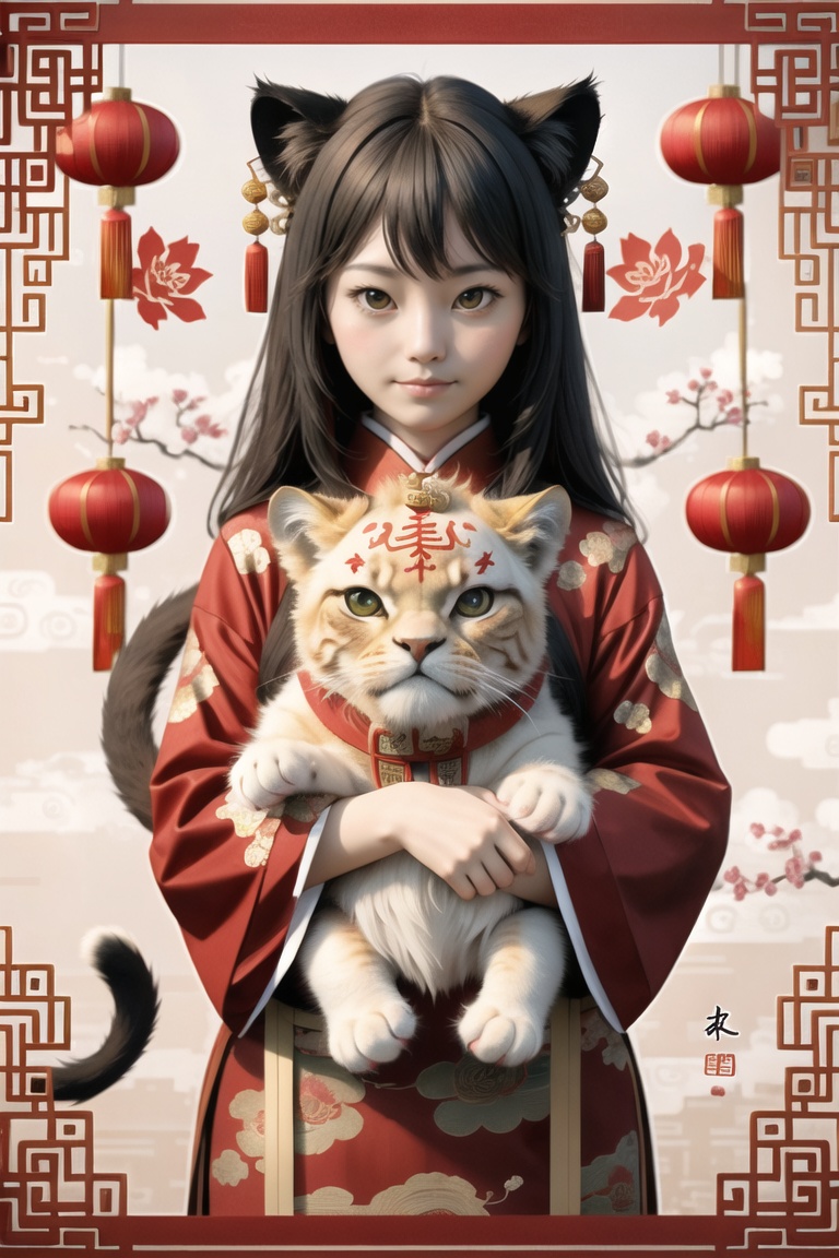 cat girl ,  chinese new year background ,  holding a lion on Tensor.Art
