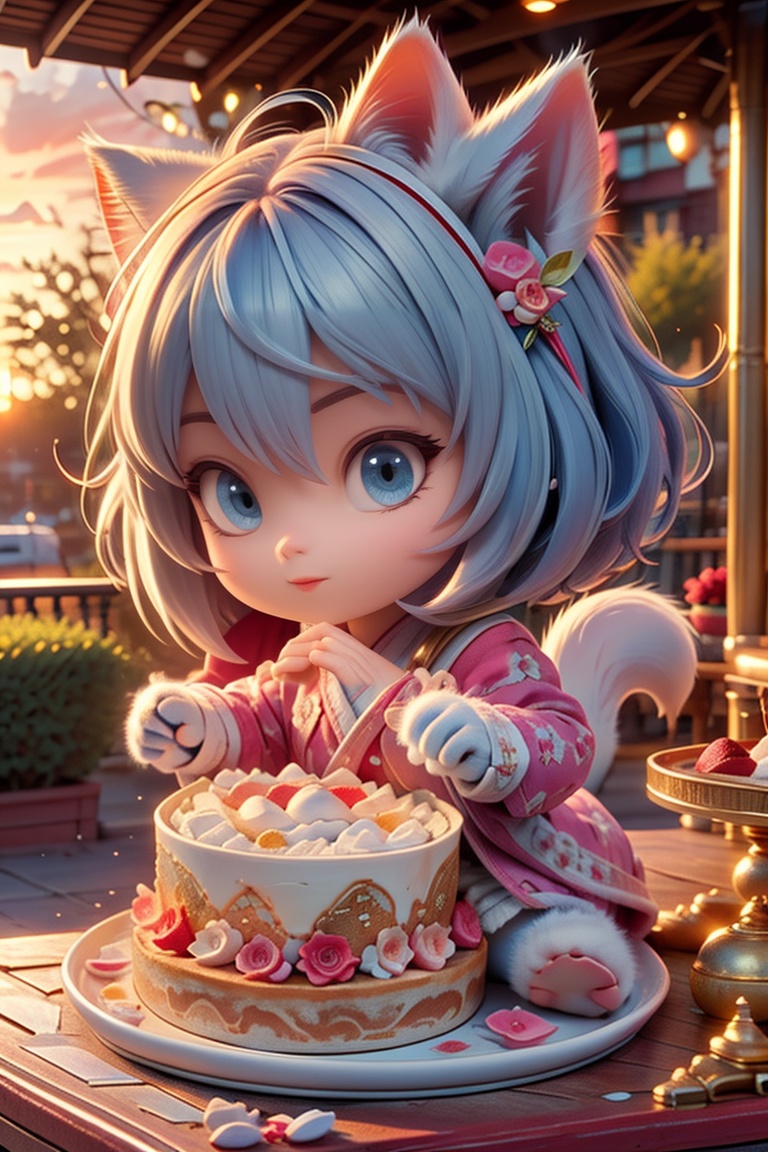 little cute cat-girl dress in cat cloths ,  with furry cat ears and long white furry hair and tails ,  her gloves was paws...