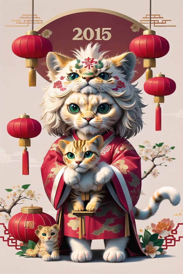 white smiling baby cat ,  detail chinese new year background ,  holding a lion on Tensor.Art