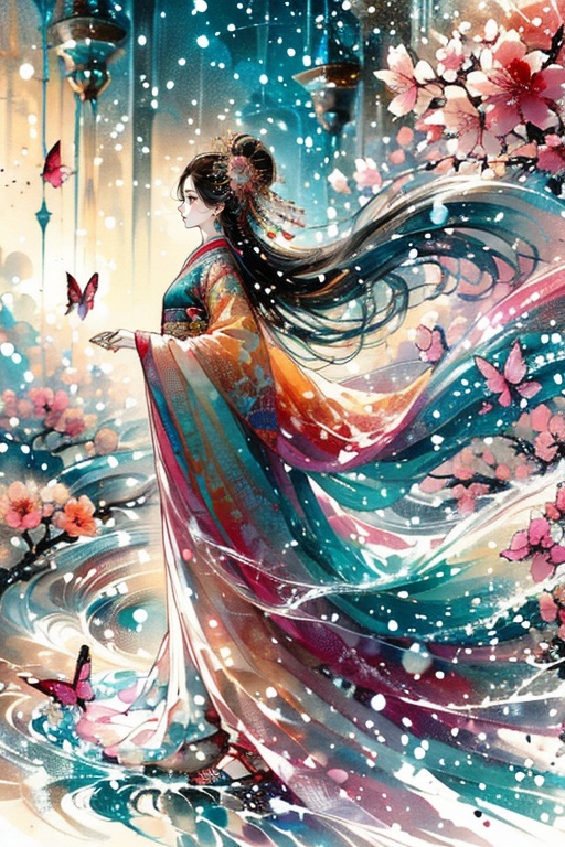 Draw a female character in Chinese style,  exuding beauty and solemnity. She has long straight red hair that flows gracefu...