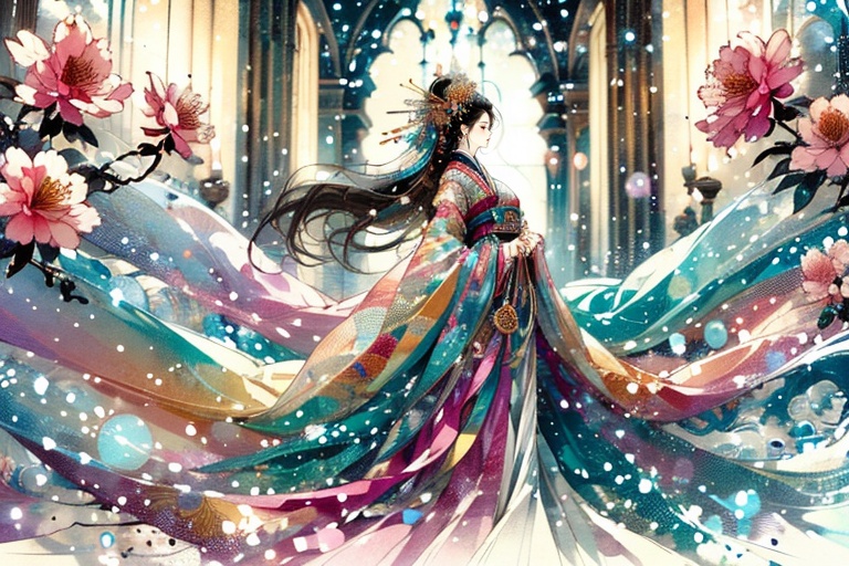 Draw a female character in Chinese style,  exuding beauty and solemnity. She has long wavy hair that flows gracefully in t...