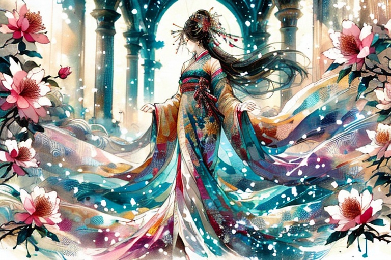 Draw a female character in Chinese style,  exuding beauty and solemnity. She has long wavy hair that flows gracefully in t...