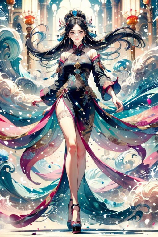 Draw a female character in Chinese style,  exuding beauty and solemnity. She has long straight black hair that flows grace...