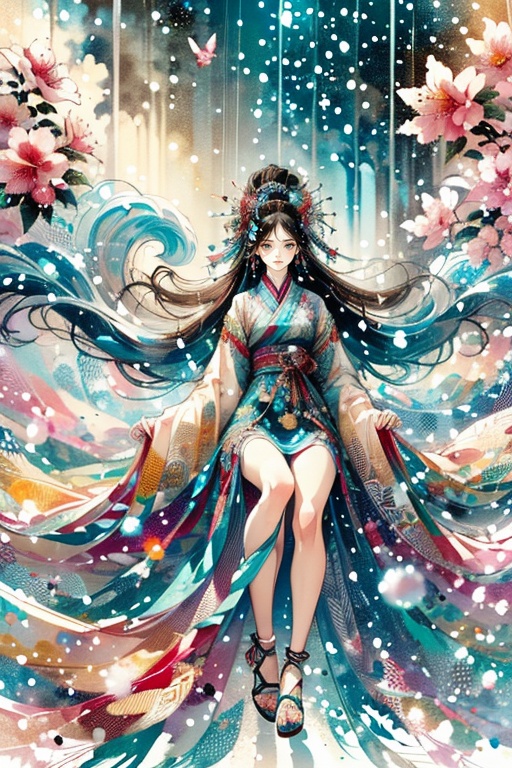 Draw a female character in Chinese style,  exuding beauty and solemnity. She has long straight red hair that flows gracefu...