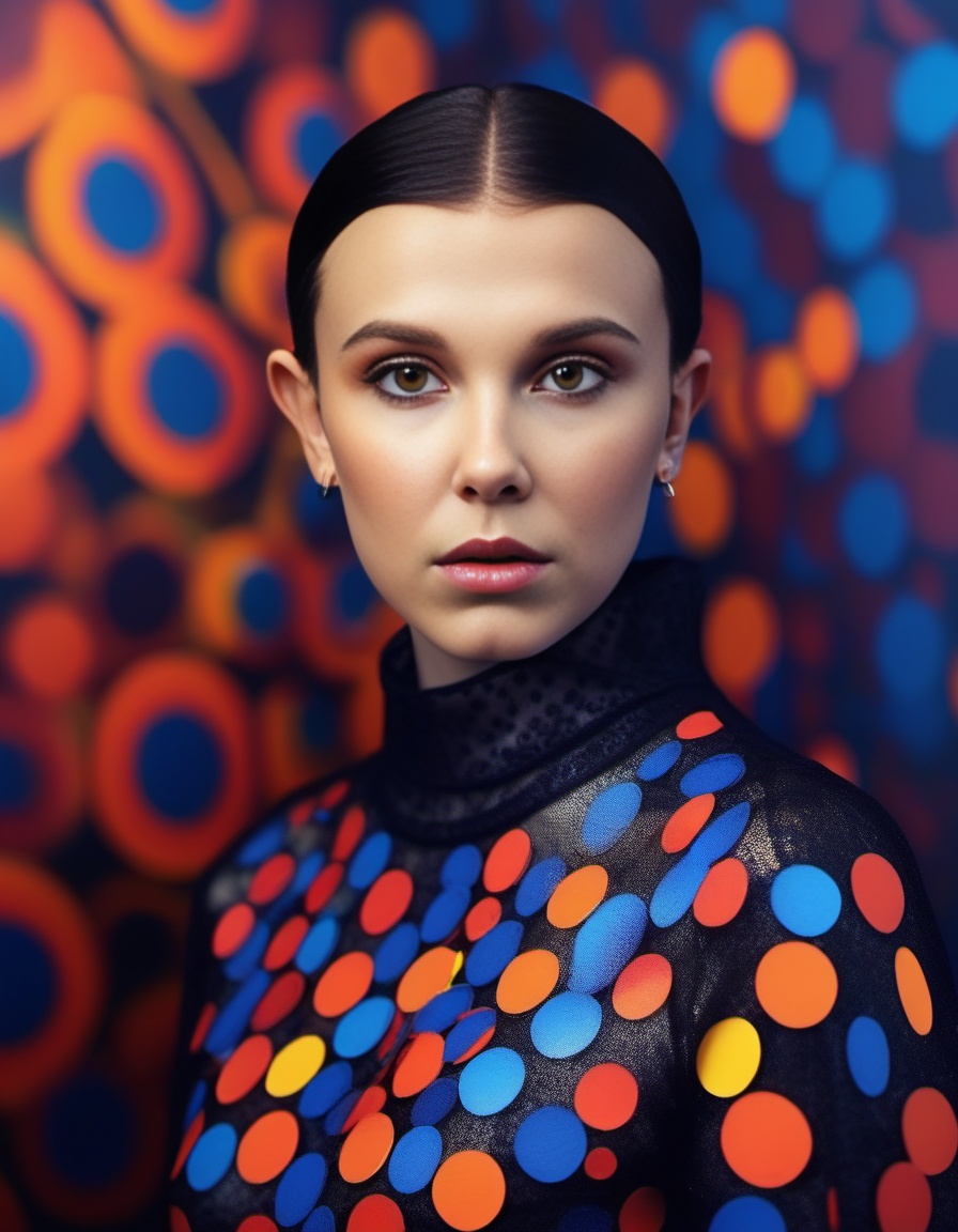 MillieBobbyBrown,  cinematic photo A futuristic portrait of a beautiful young woman on a simple paper studio background wi...