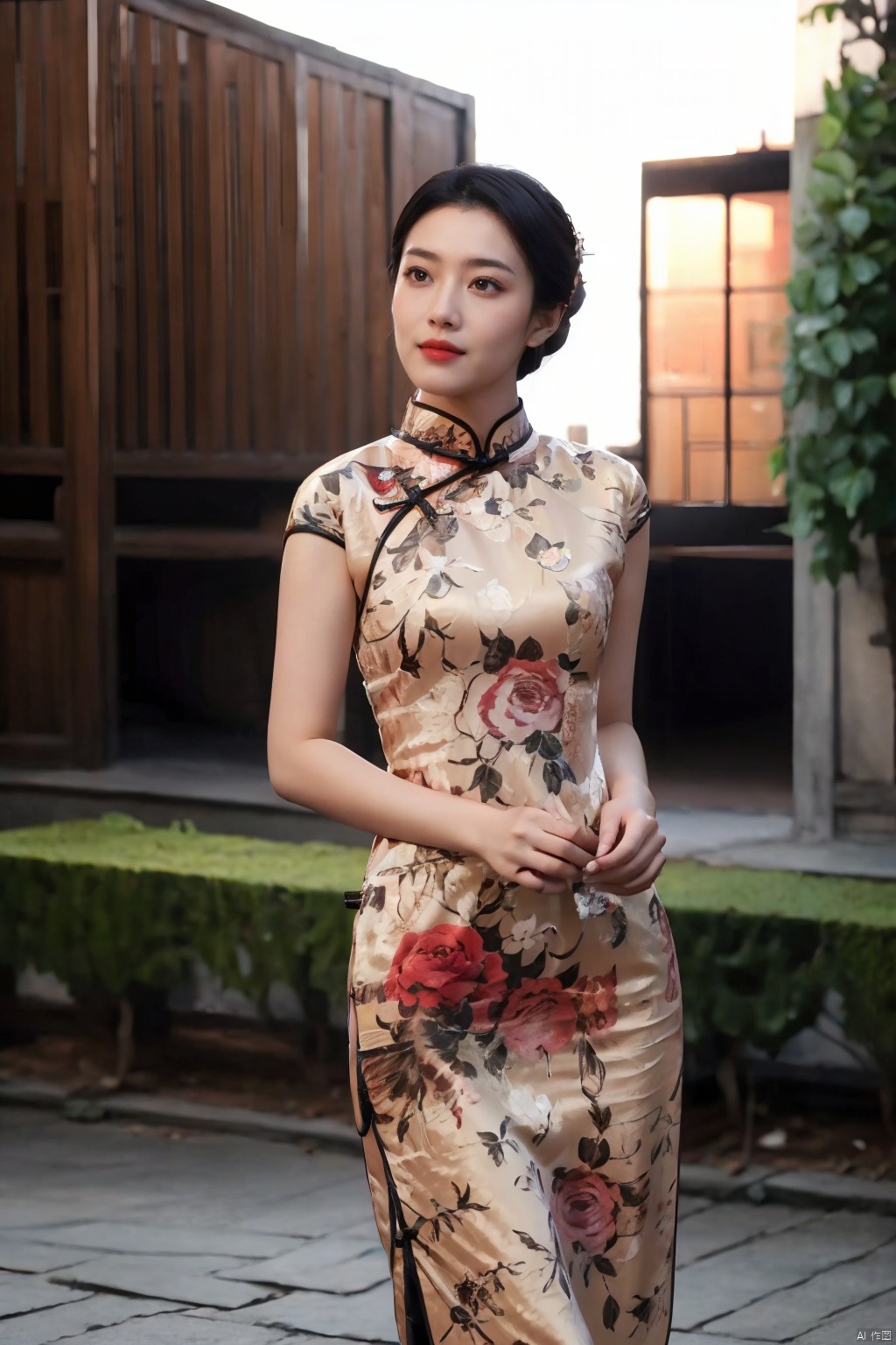  (global illumination, reality,ray tracing, HDR, unreal rendering, reasonable design, high detail, masterpiece,best quality, ultra high definition, movie lighting),
1girl,outdoor,looking_at_viewer,side_blunt_bangs,china_dress,chinese_style,big breasts,pose,solo,1girl,black hair,black eyes, qipao, qipao
