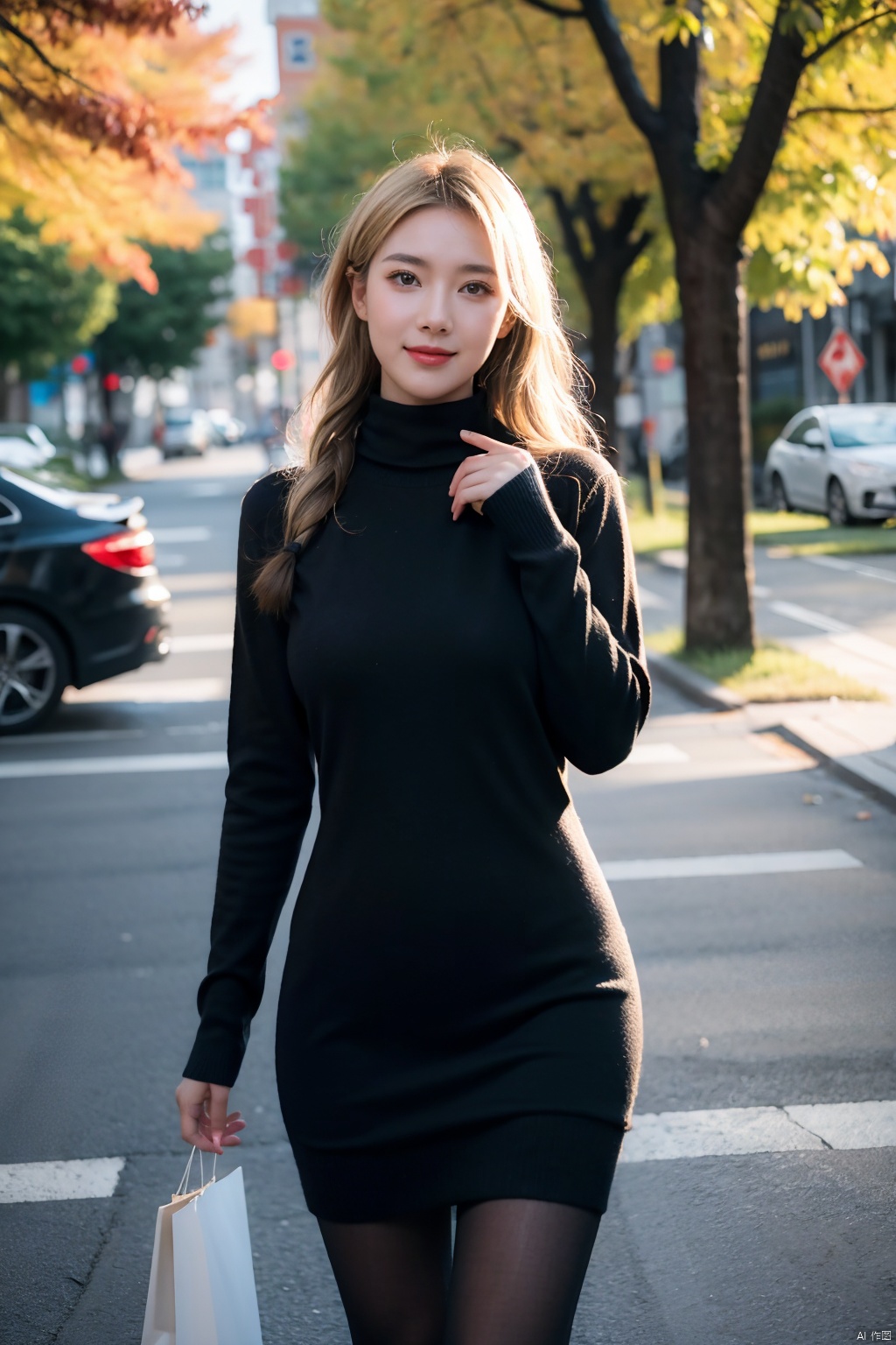  masterpiece, best quality, 1girl, shiny skin, cinematic lighting, medium breasts, looking at viewer, messy hair, blonde hair, yellow eyes, solo, autumn, outdoors, smile, blush, windy, black sweater dress, ribbed, knit, turtleneck sweater dress, black pantyhose, walking, city, shopping, dynamic angle, close-up, ultra-detailed, 8k, rtx, ambient occlusion, rim lighting, bustling, Light master