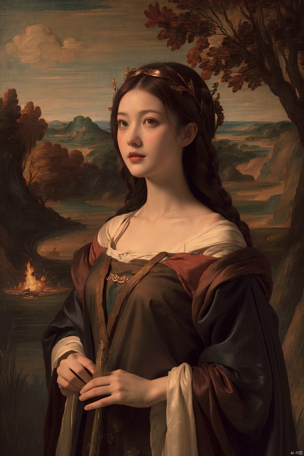  "(((Renaissance Painting))) Brigit, Celtic goddess, holding a branch of wild sorrel and dressed in flowing clothes of autumnal hues. Her copper-colored hair glows in the light, a flame high on her head emanating magic and mystery.