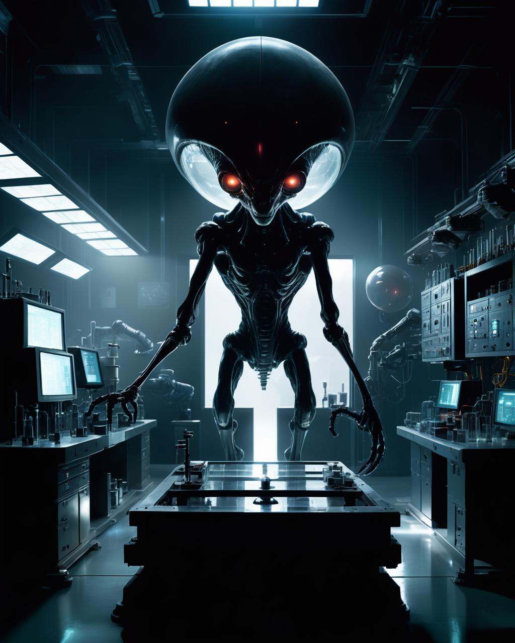 -An eerie sci-fi scene set in a shadowy laboratory,  where a team of scientists is conducting experiments on a mysterious...