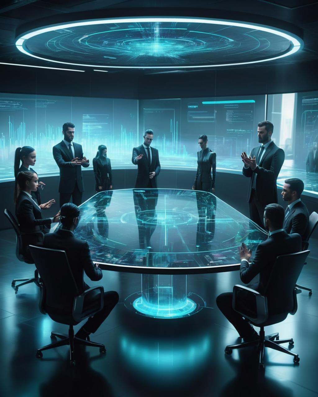 Megacorporate boardroom,  executives seated around a holographic table,  manipulating data with futuristic hand gestures....