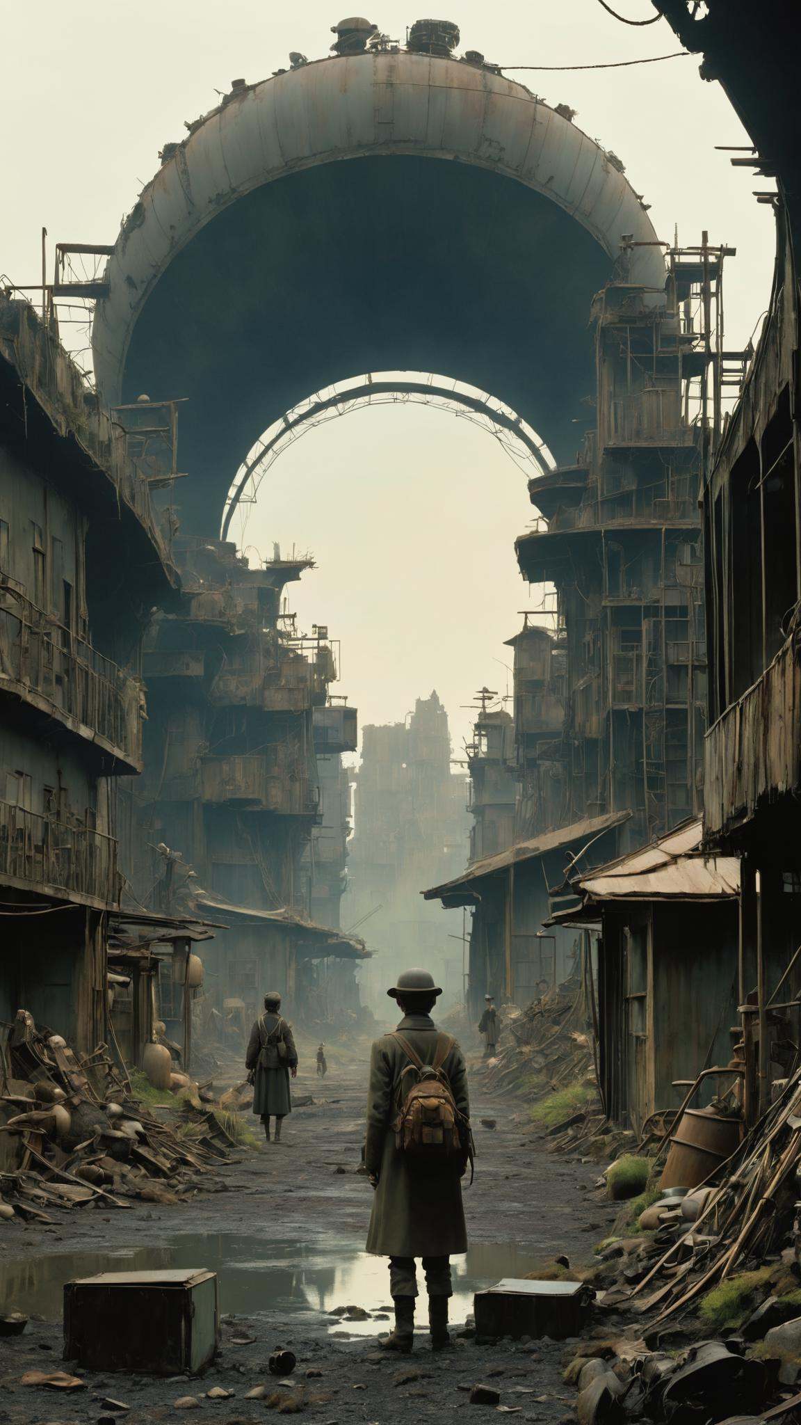 Post-apocalyptic wasteland,  salvaged artifacts repurposed into art installations,  survivors creating beauty amid desolat...