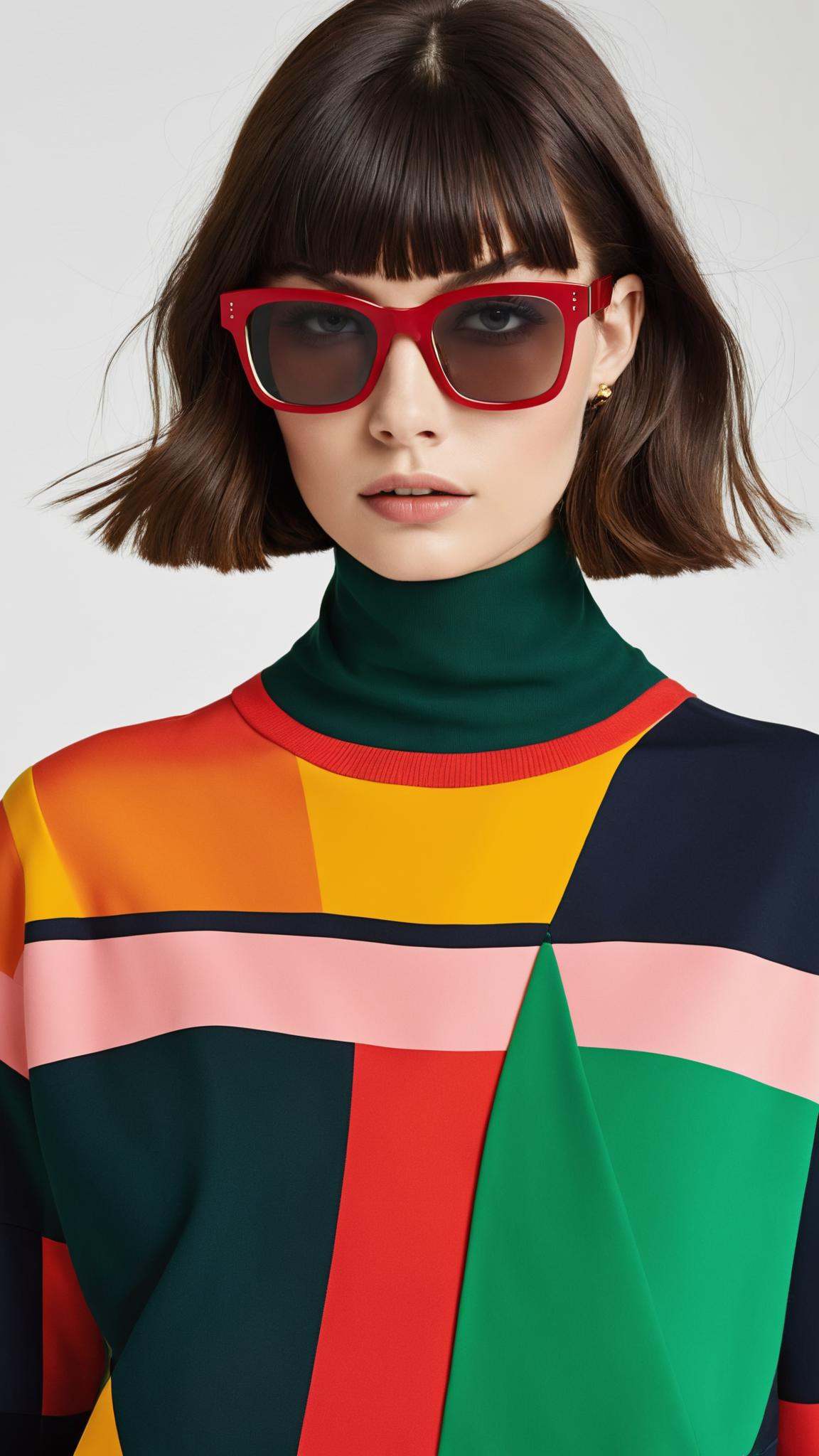 Iconic square frames reminiscent of the 1960s mod fashion scene,  updated with bold,  contrasting color blocks that exude...