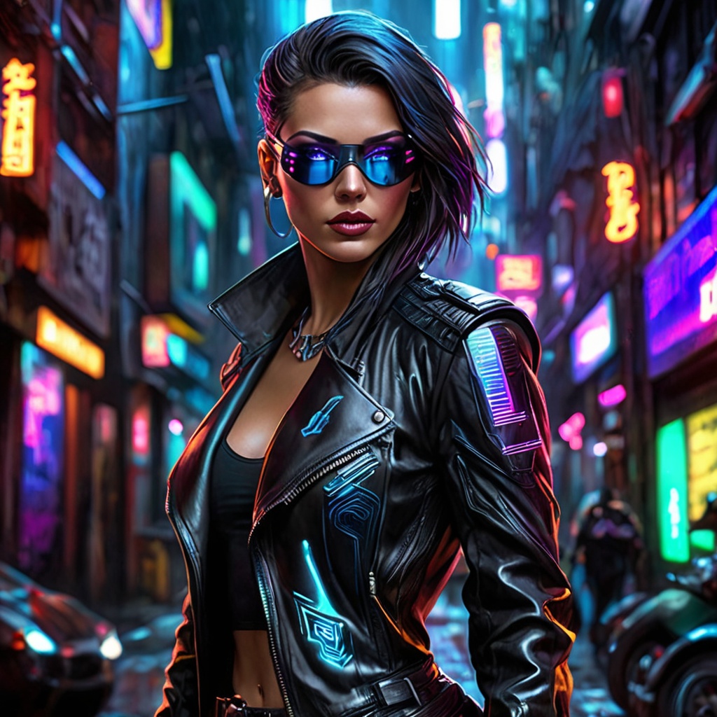 Generate hyper realistic image of a cyberpunk femme fatale navigating the shadowy alleys of a cyber city. Dressed in sleek...
