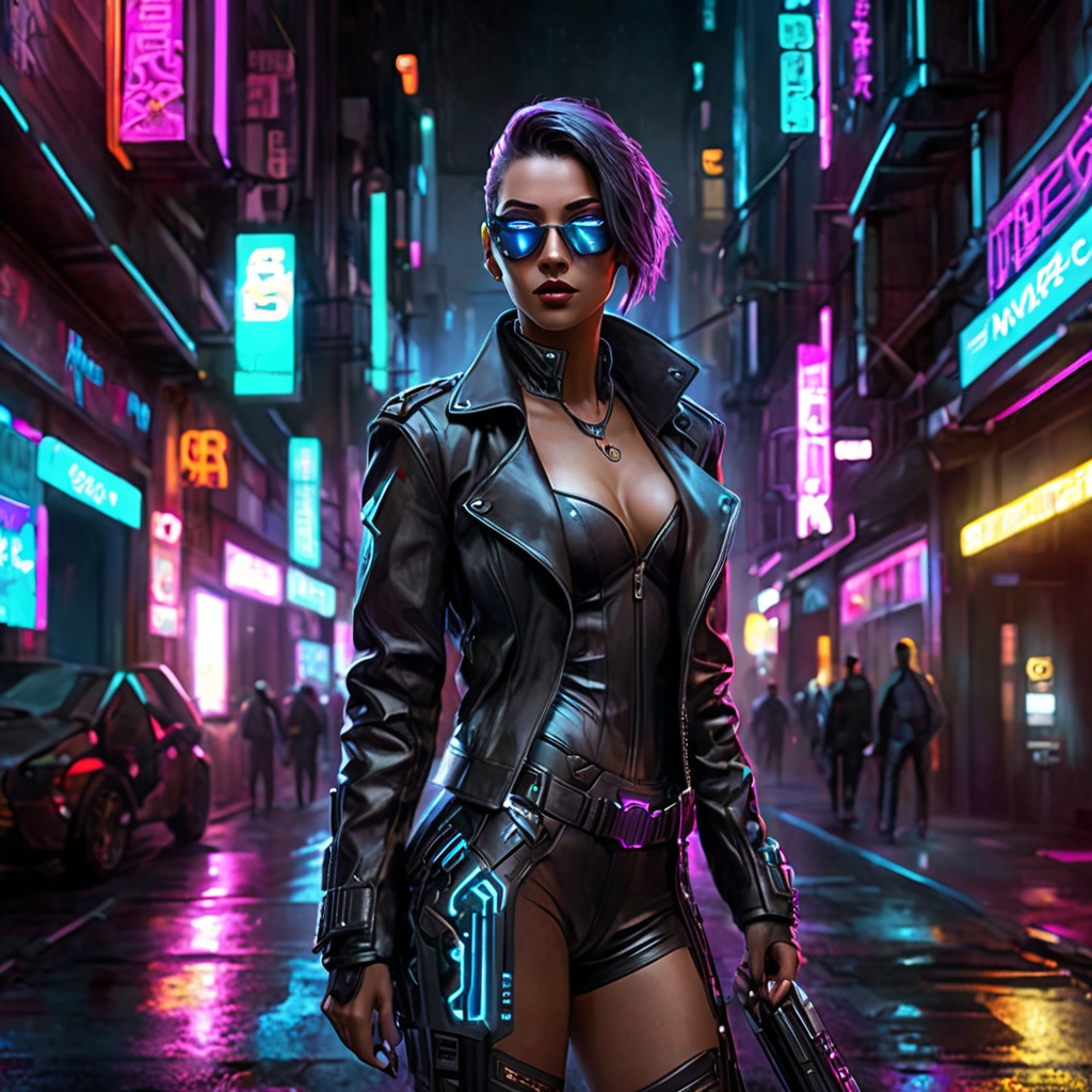 Generate hyper realistic image of a cyberpunk femme fatale navigating the shadowy alleys of a cyber city. Dressed in sleek...