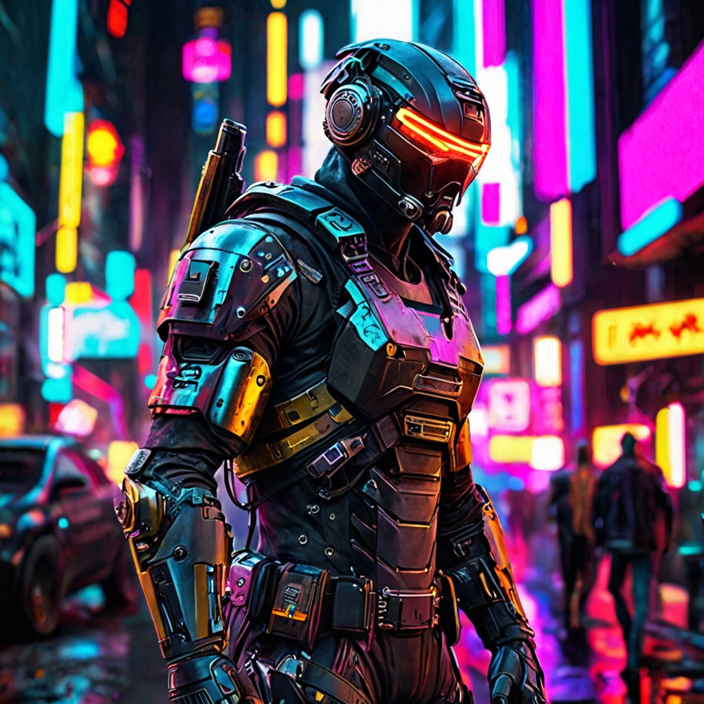 Generate hyper realistic image of a cyberpunk soldier,  heavily augmented with cybernetic enhancements,  standing tall ami...