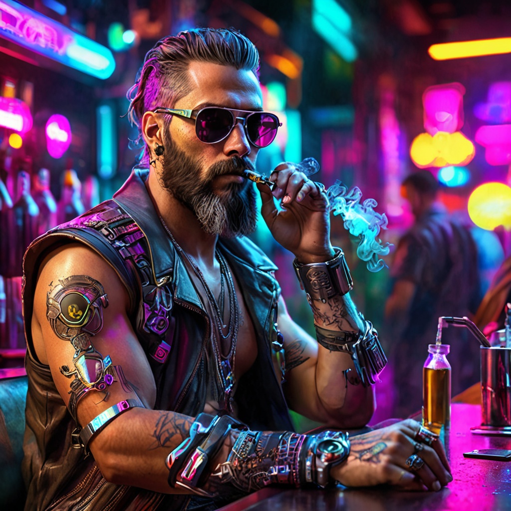 Generate hyper realistic image of a cyberpunk man with a silver mechanical arm,  donning sunglasses and an intricate beard...