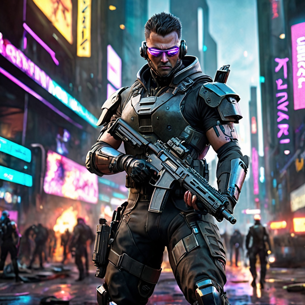 Generate hyper realistic image of a cyberpunk soldier,  their cybernetic eyes scanning the horizon for any sign of danger,...