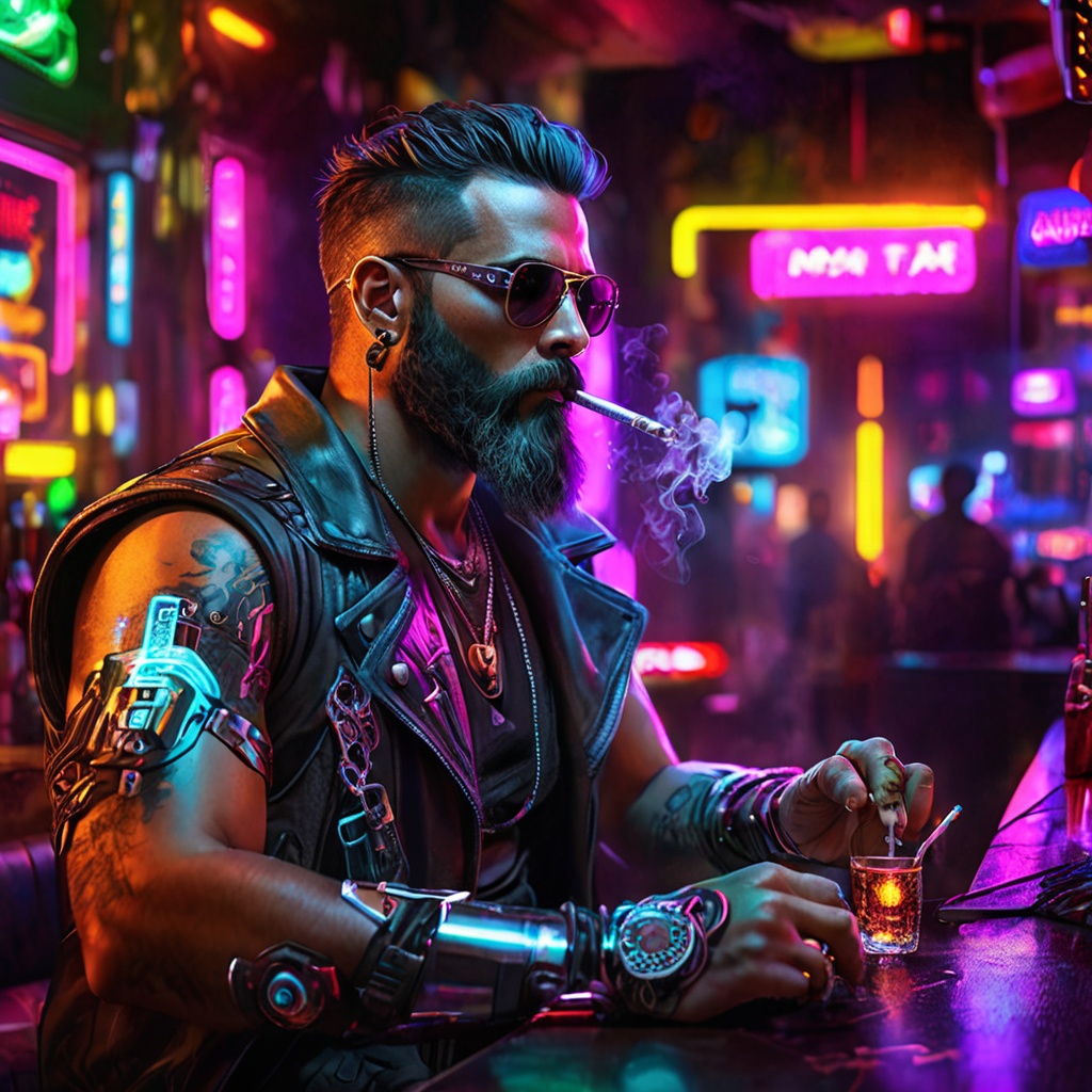 Generate hyper realistic image of a cyberpunk man with a silver mechanical arm,  donning sunglasses and an intricate beard...