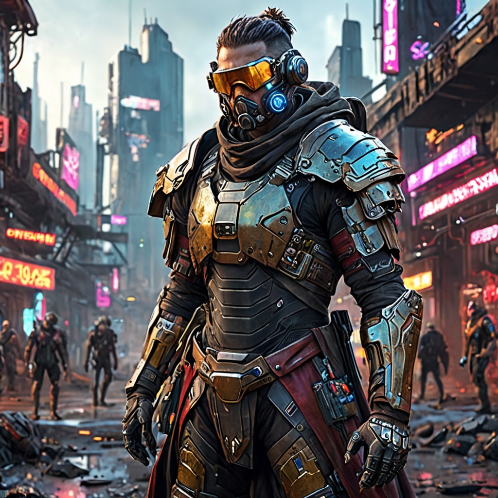 Generate hyper realistic image of an experienced nomad,  adorned in high-tech scavenged armor,  traversing the sprawling w...