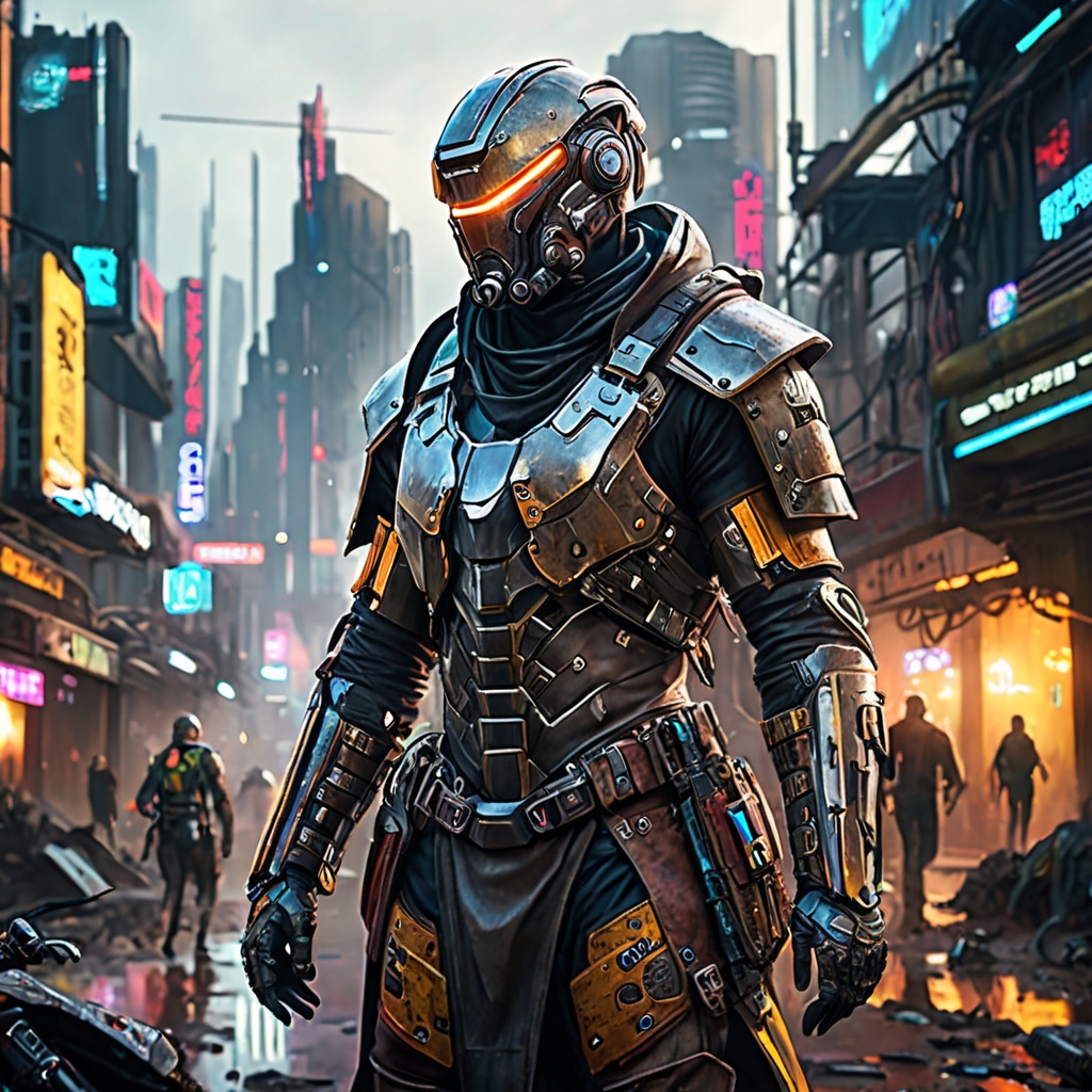Generate hyper realistic image of an experienced nomad,  adorned in high-tech scavenged armor,  traversing the sprawling w...