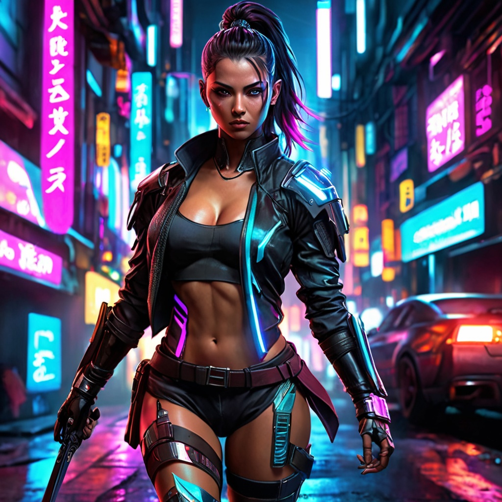 Generate hyper realistic image of a cyberpunk femme fatale navigating the shadowy alleys of a cyberpunk woman with a samur...
