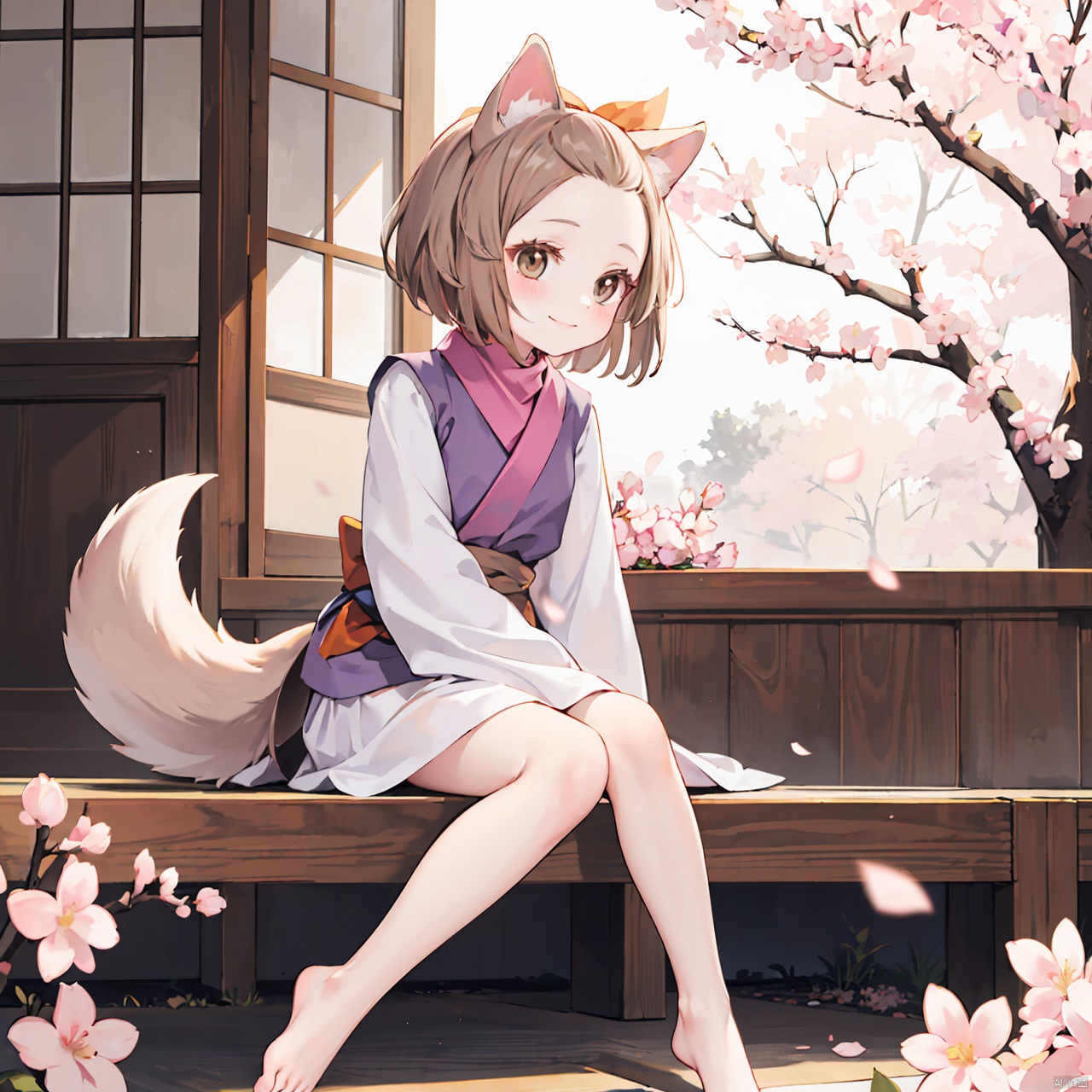  masterpiece, bestquality, , Ash Blossom & Joyous Spring, 1girl, solo, smile, short hair, brown hair, animal ears, brown eyes, tail, flower, japanese clothes, barefoot, feet, petals, cherry blossoms, dog ears, dog tail,