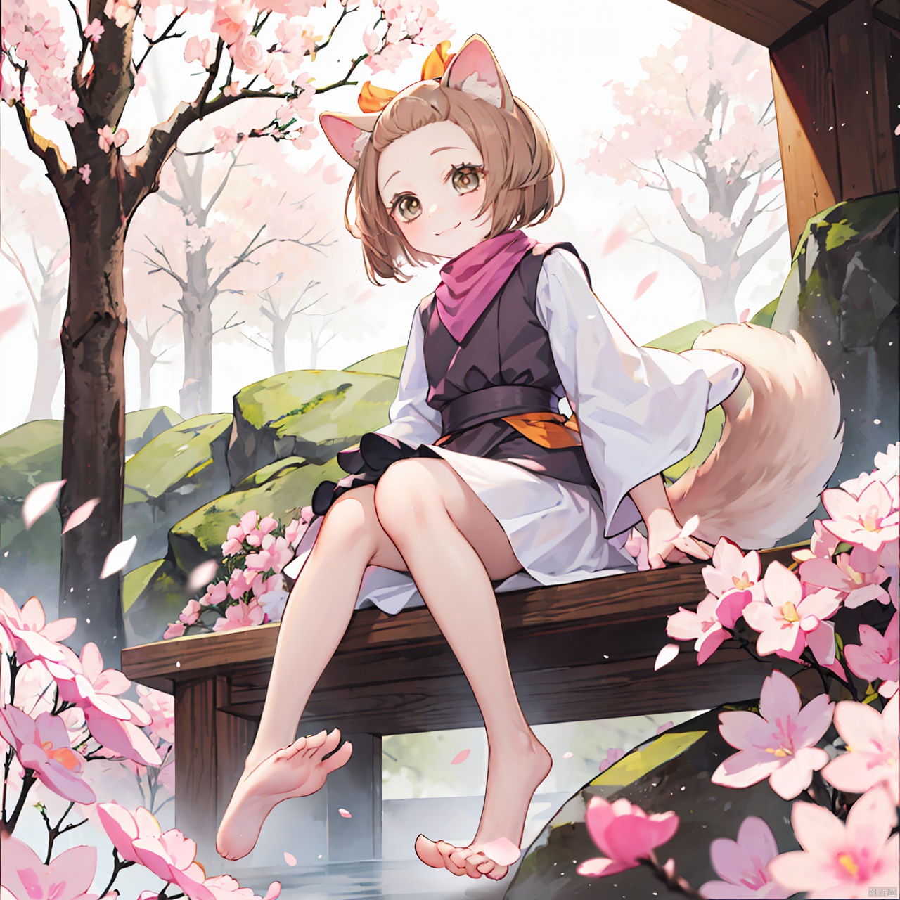  masterpiece, bestquality, , Ash Blossom & Joyous Spring, 1girl, solo, smile, short hair, brown hair, animal ears, brown eyes, tail, flower, japanese clothes, barefoot, feet, petals, cherry blossoms, dog ears, dog tail,