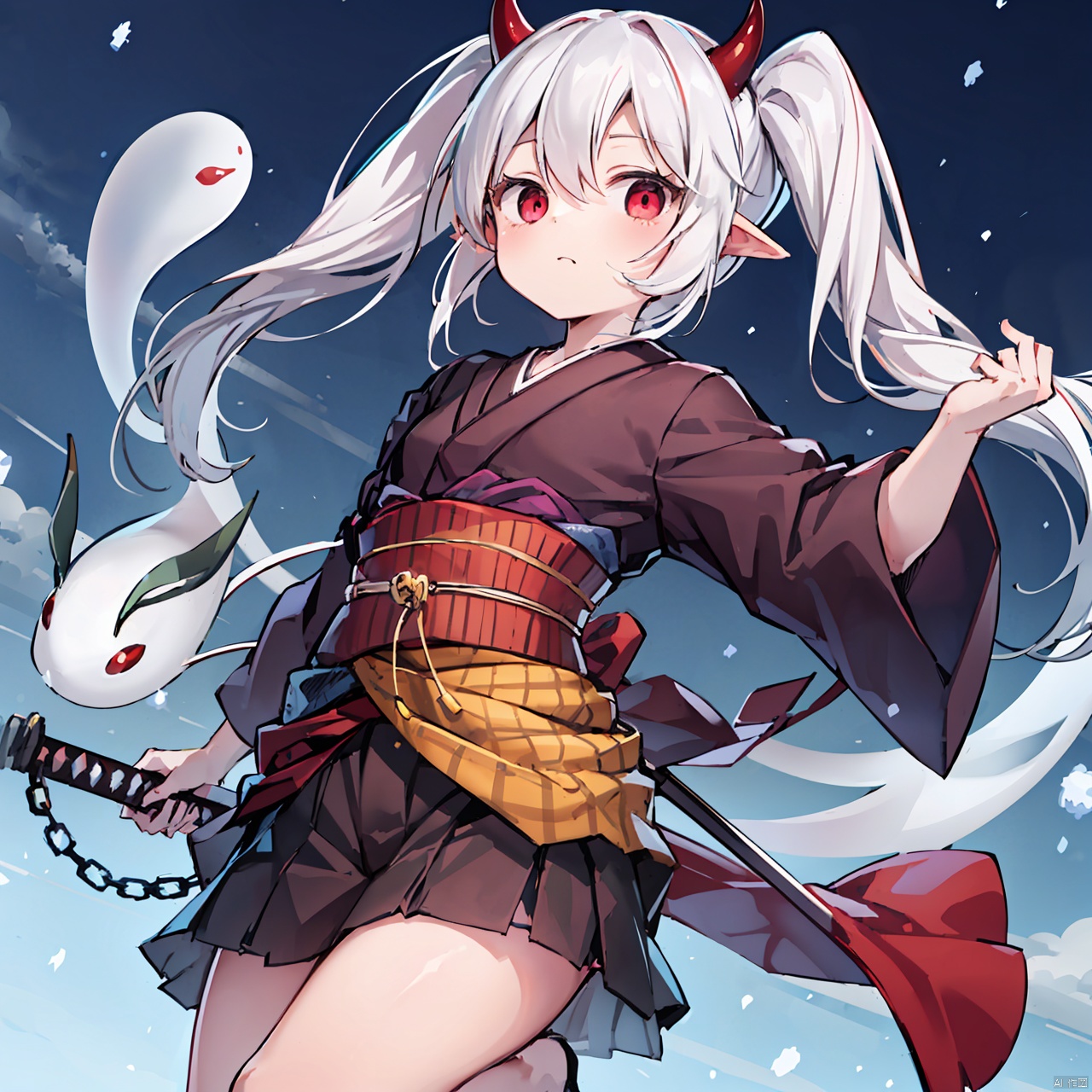  masterpiece, bestquality, Ghost Ogre & Snow Rabbit, 1girl, solo, long hair, red eyes, twintails, weapon, white hair, japanese clothes, horns, pointy ears, sword, kimono, sash, chain, obi, ofuda, hitodama, duel monster, albino,