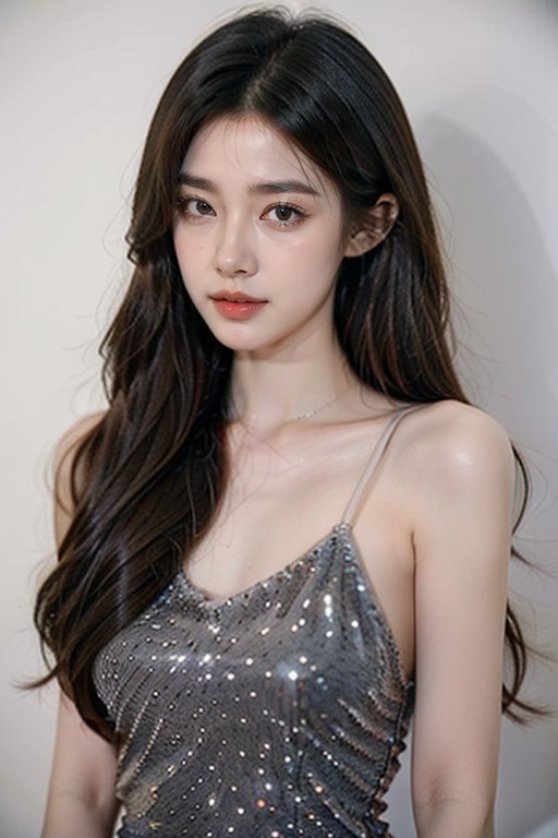 1girl,soclalite dress,best quality,HDR,8K,Vivid Colors,solo,photo,cute and girl,(looking at viewer:1.1),Elegant,Angelic,portrait,<lora:GY-夜店连衣裙:0.7>,(stand:1.1),simple background,