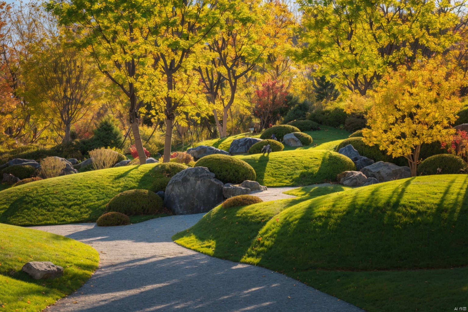  masterpiece,best quality,kss,park,landscape,outdoor,steps,scenery,in autumn,in a meadow,plant,no human, path, tree