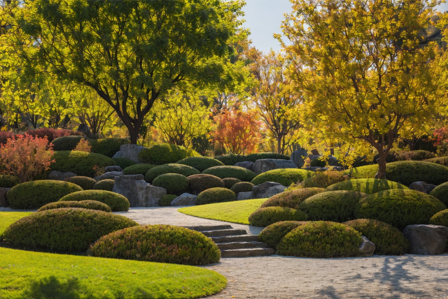  masterpiece,best quality,kss,park,landscape,outdoor,steps,scenery,in autumn,in a meadow,plant,no human, path, tree