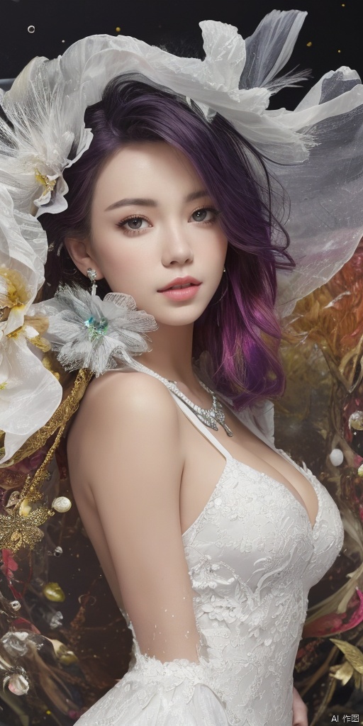 Chinese girls,  stars in the eyes,  There are many scattered luminous petals on Tensor.Art