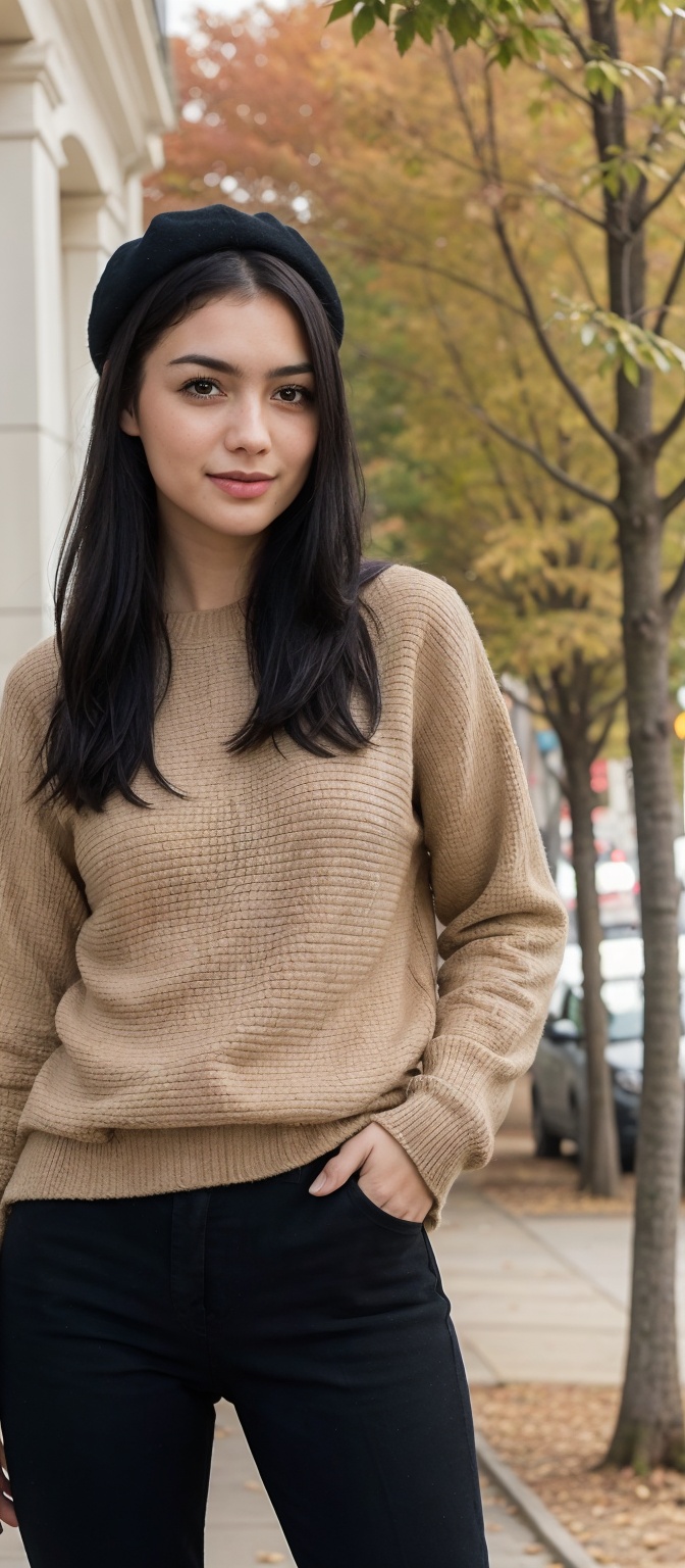 Generate hyper realistic image of a woman standing outdoors,  her long brown hair gently swaying in the autumn breeze. She...