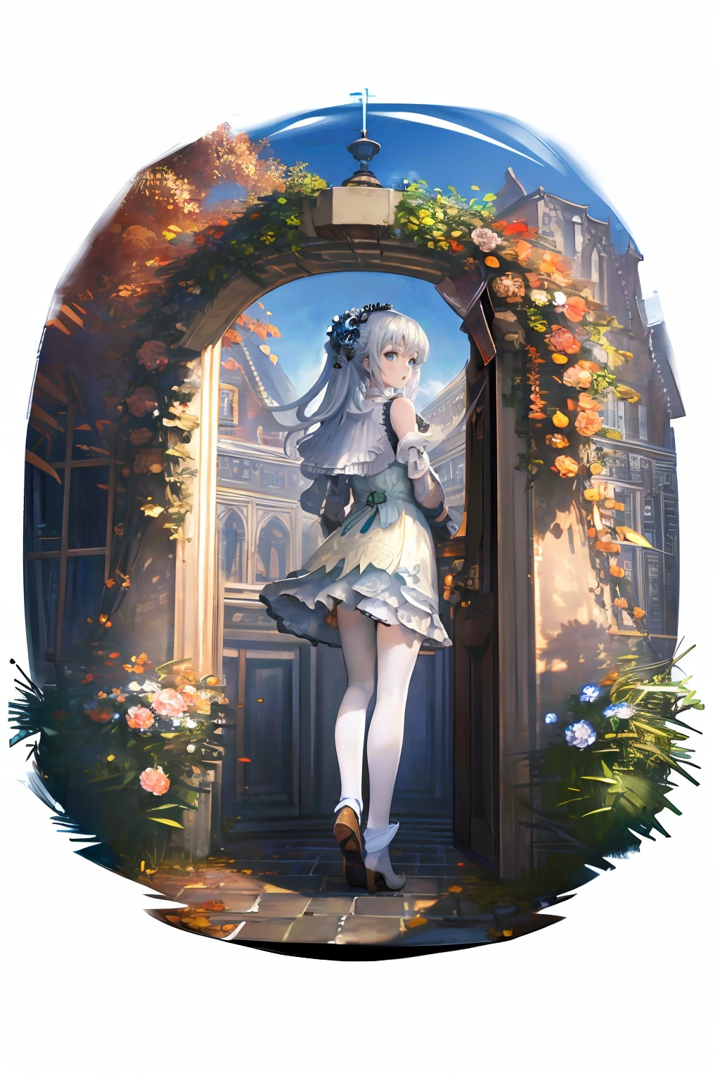 [(white background:1.5)::1], ((masterpiece, best quality, absurdres, highres, ultra detailed, high resolution, very fine 8KCG wallpapers)), (isometric:0.75), 1 girl, solo, :o, silver hair, long hair, blue eyes, white gothic girly onepiece dress, cute girl, arms behind back, serious, autumn garden,