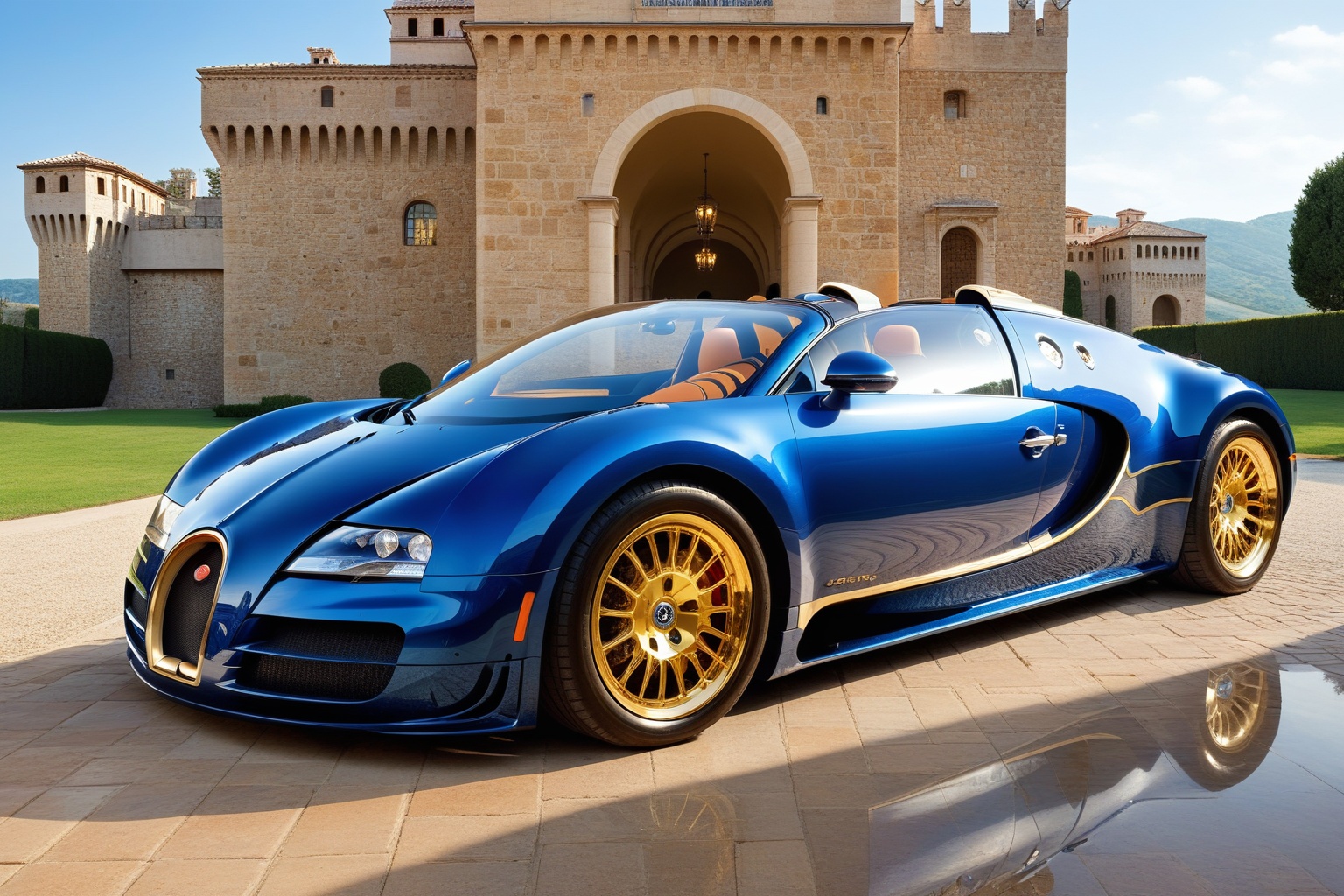 ((Hyper-Realistic)) photo of 1 car \(1999 Bugatti Veyron EB 16.4 designed by Walter de Silva\) parked,  Front side view,...