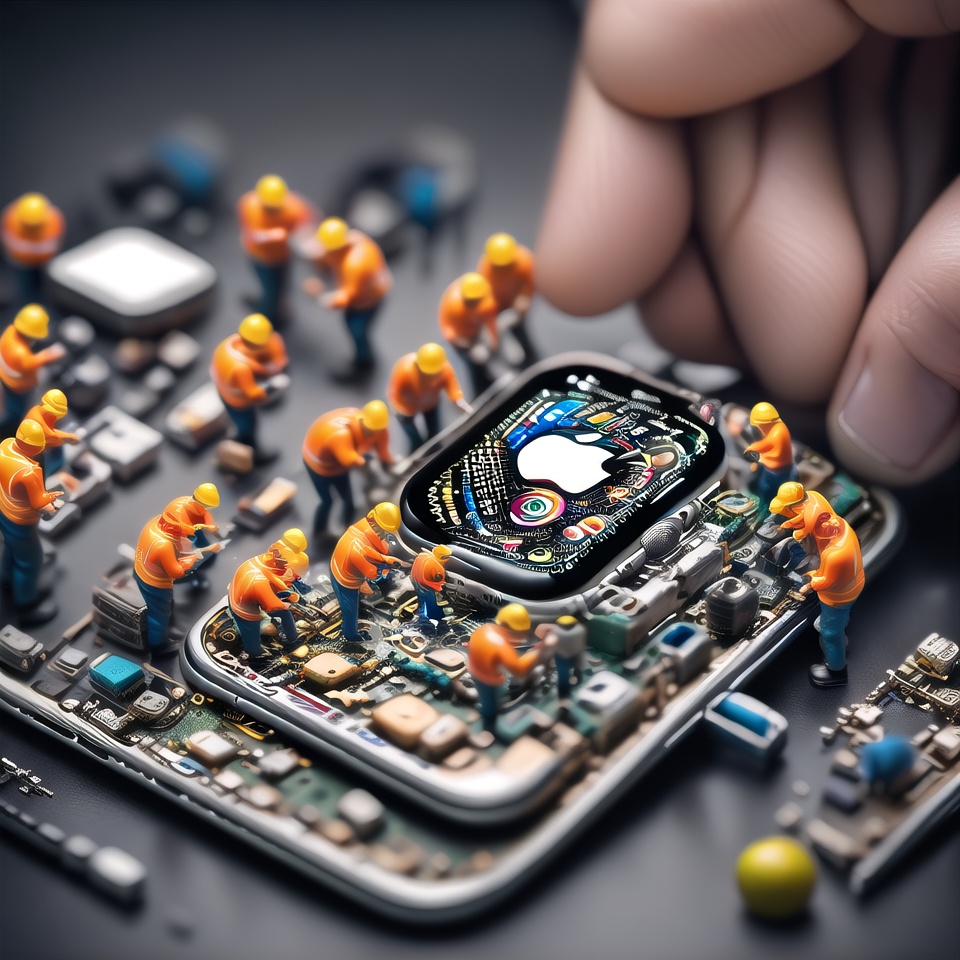Create an detail image in which there is a group of miniature people are repairing a Apple Watch's internals,  with a tilt...