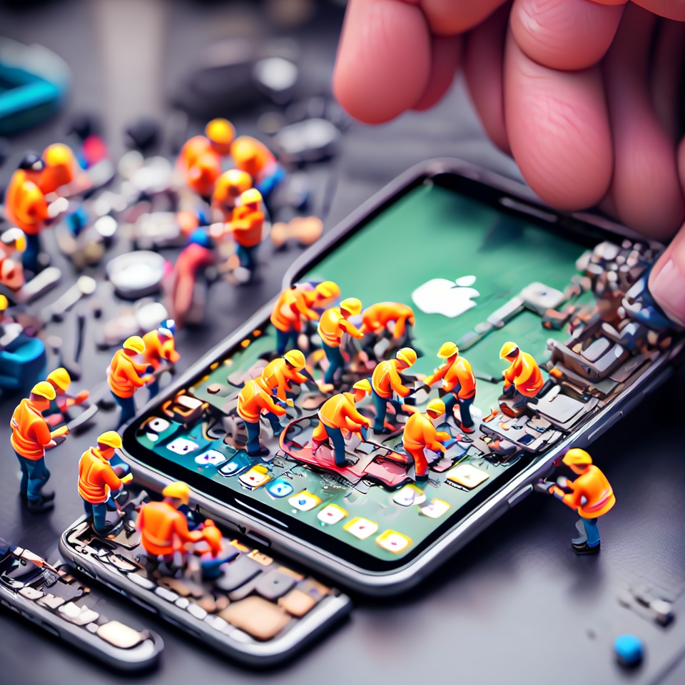 Create an detail image in which there is a group of miniature people are repairing a smartphone's internals,  with a tilt-...