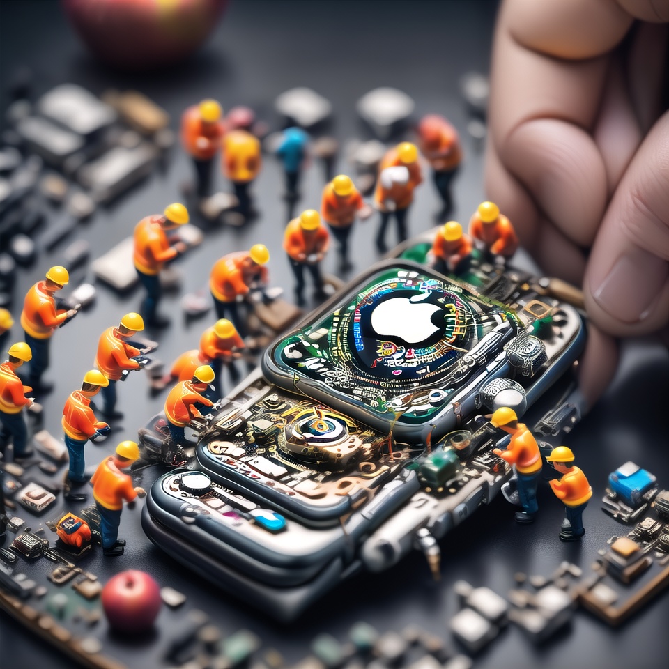 Create an detail image in which there are many groups of miniature people are repairing a Apple Watch's internals,  with a...
