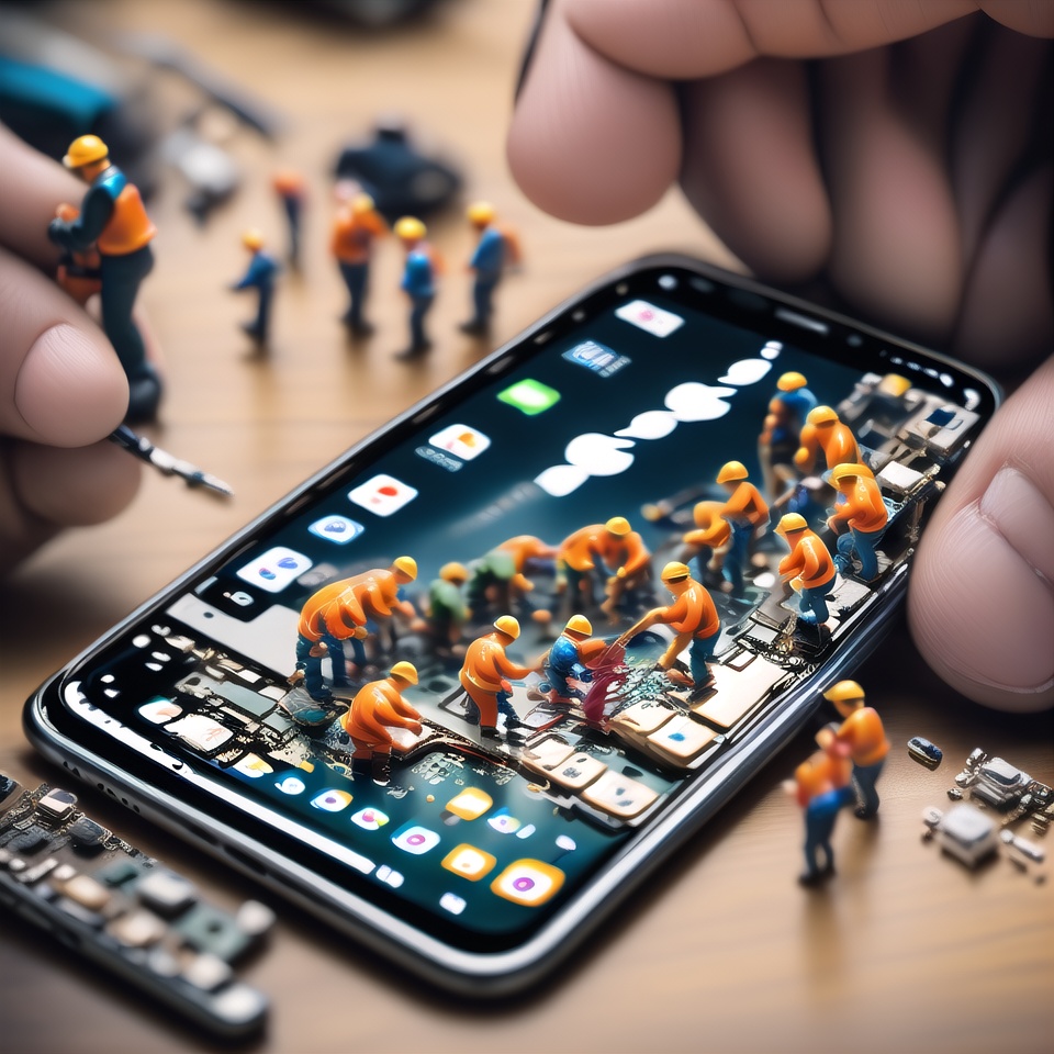 Create an detail image in which there is a group of miniature people are repairing a smartphone's internals,  with a tilt-...